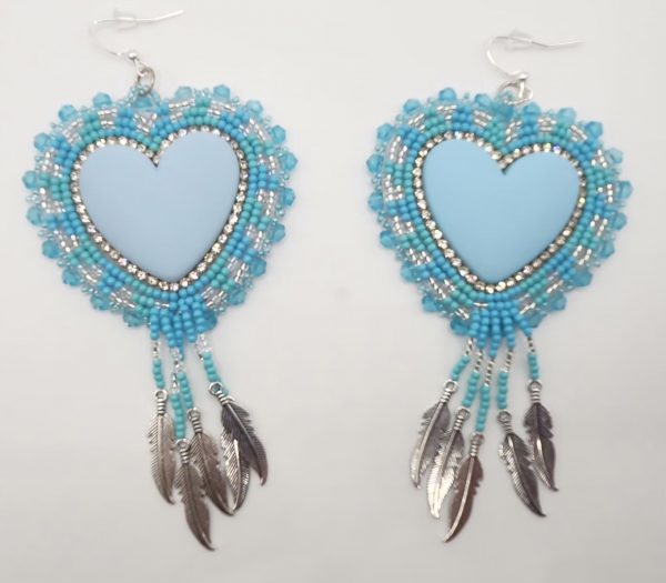 Handmade Light Blue Cabochon Earrings with Beaded Fringe