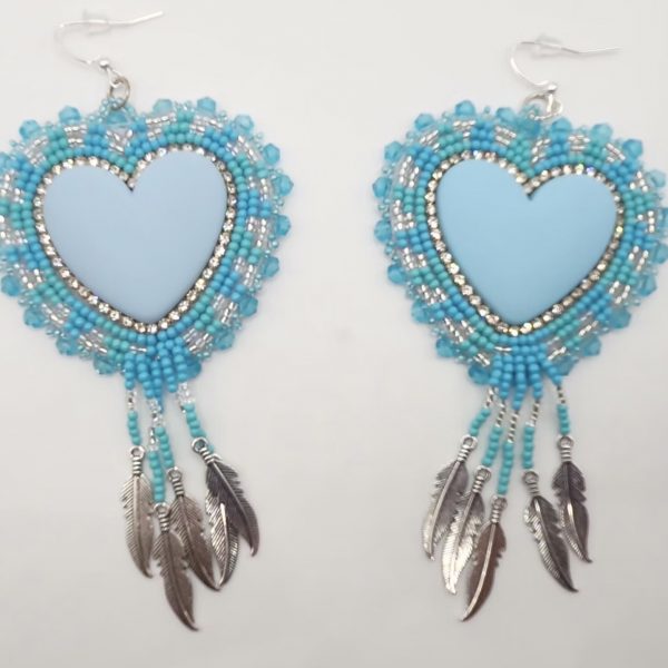 Handmade Light Blue Cabochon Earrings with Beaded Fringe