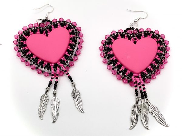 hypoallergenic pink heart beaded earrings with silver feather charms