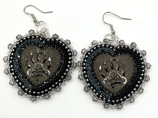handcrafted beaded bear paw heart earrings — hypoallergenic hooks