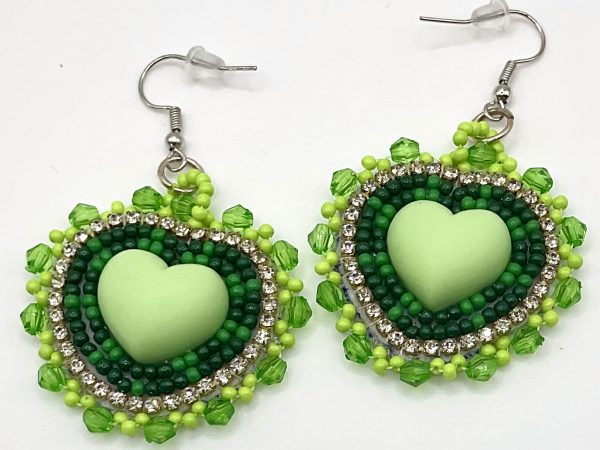 Home handcrafted green heart beaded earrings — hypoallergenic hooks
