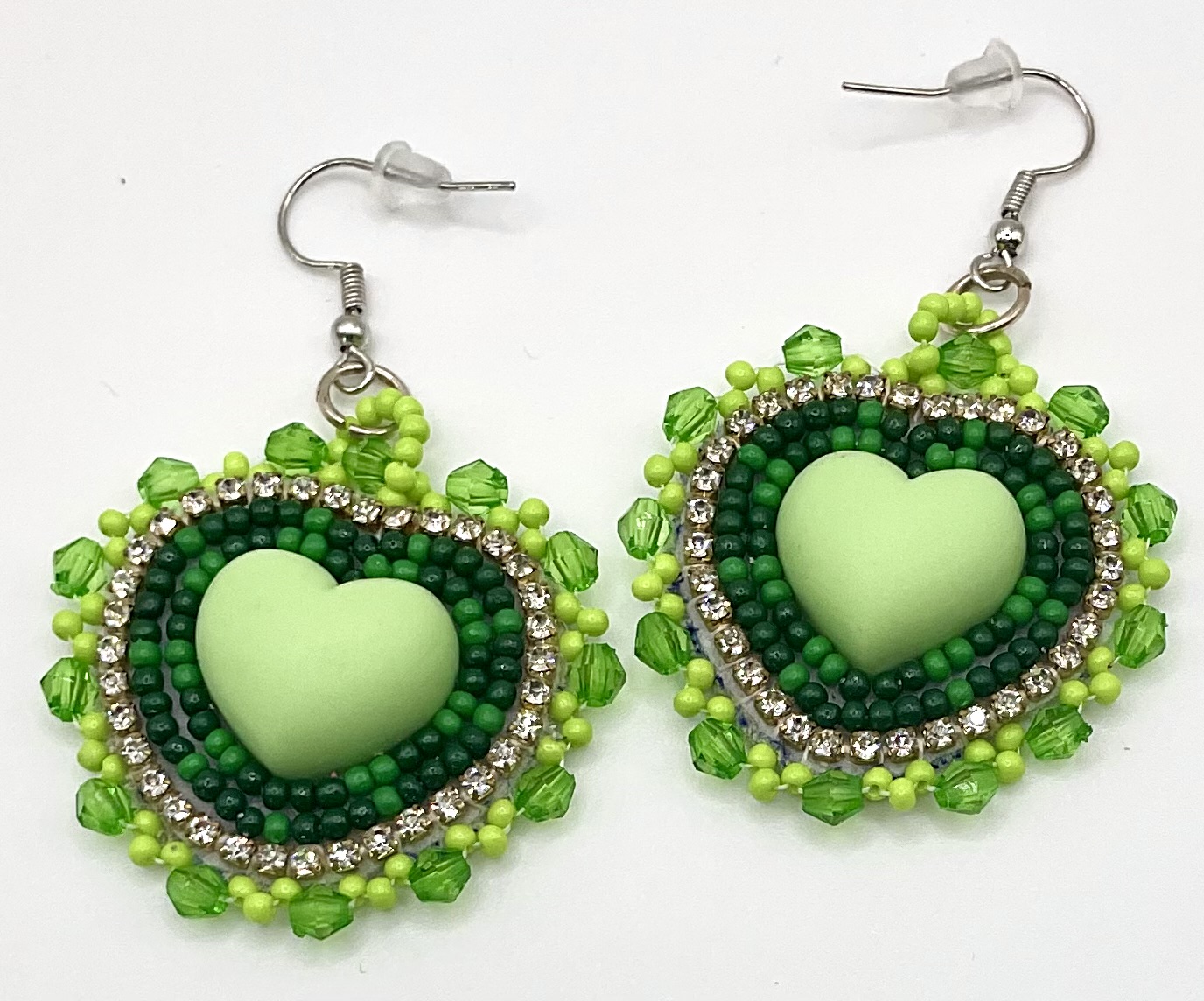 handcrafted green heart beaded earrings — hypoallergenic hooks handcrafted green heart beaded earrings — hypoallergenic hooks