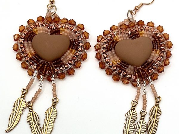 handcrafted beaded heart & feather earrings — hypoallergenic hooks