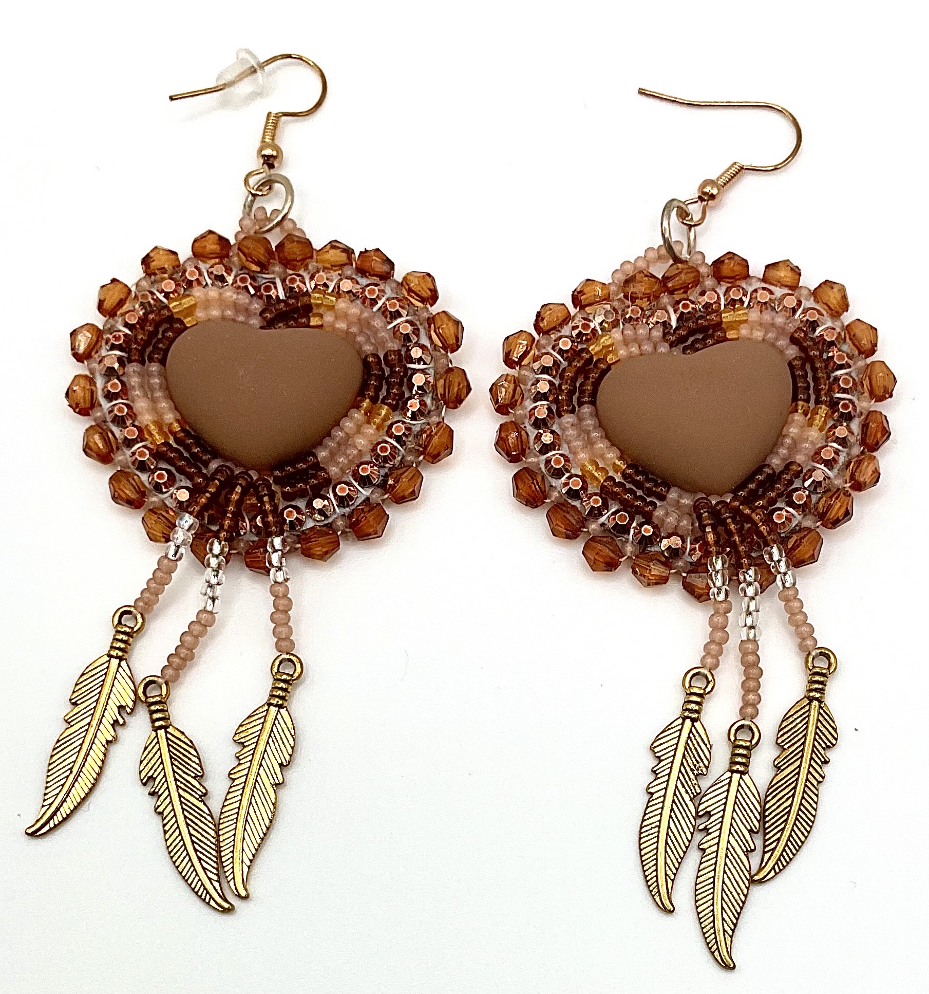 handcrafted beaded heart & feather earrings — hypoallergenic hooks handcrafted beaded heart & feather earrings — hypoallergenic hooks