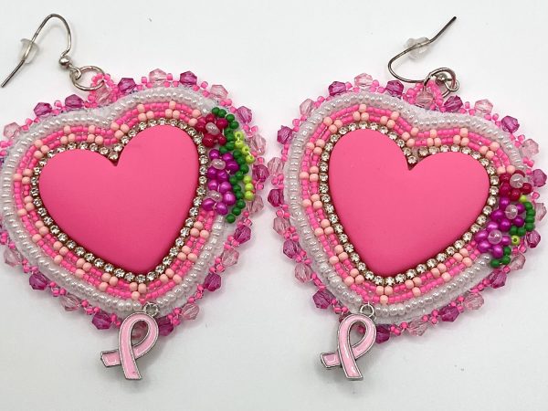 Home handcrafted pink heart awareness earrings — hypoallergenic hooks