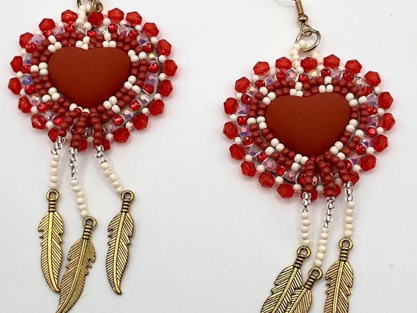 handcrafted red heart & feather beaded earrings — hypoallergenic hooks