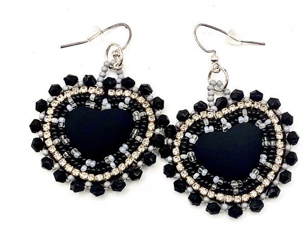 handcrafted black & gold heart beaded earrings — hypoallergenic hooks