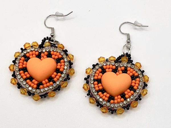 handcrafted orange & yellow heart beaded earrings — hypoallergenic hooks