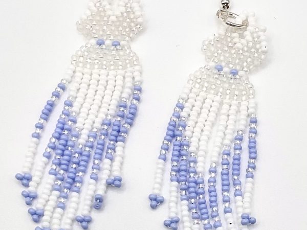 Home handcrafted white & blue beaded fringe earrings — hypoallergenic hooks