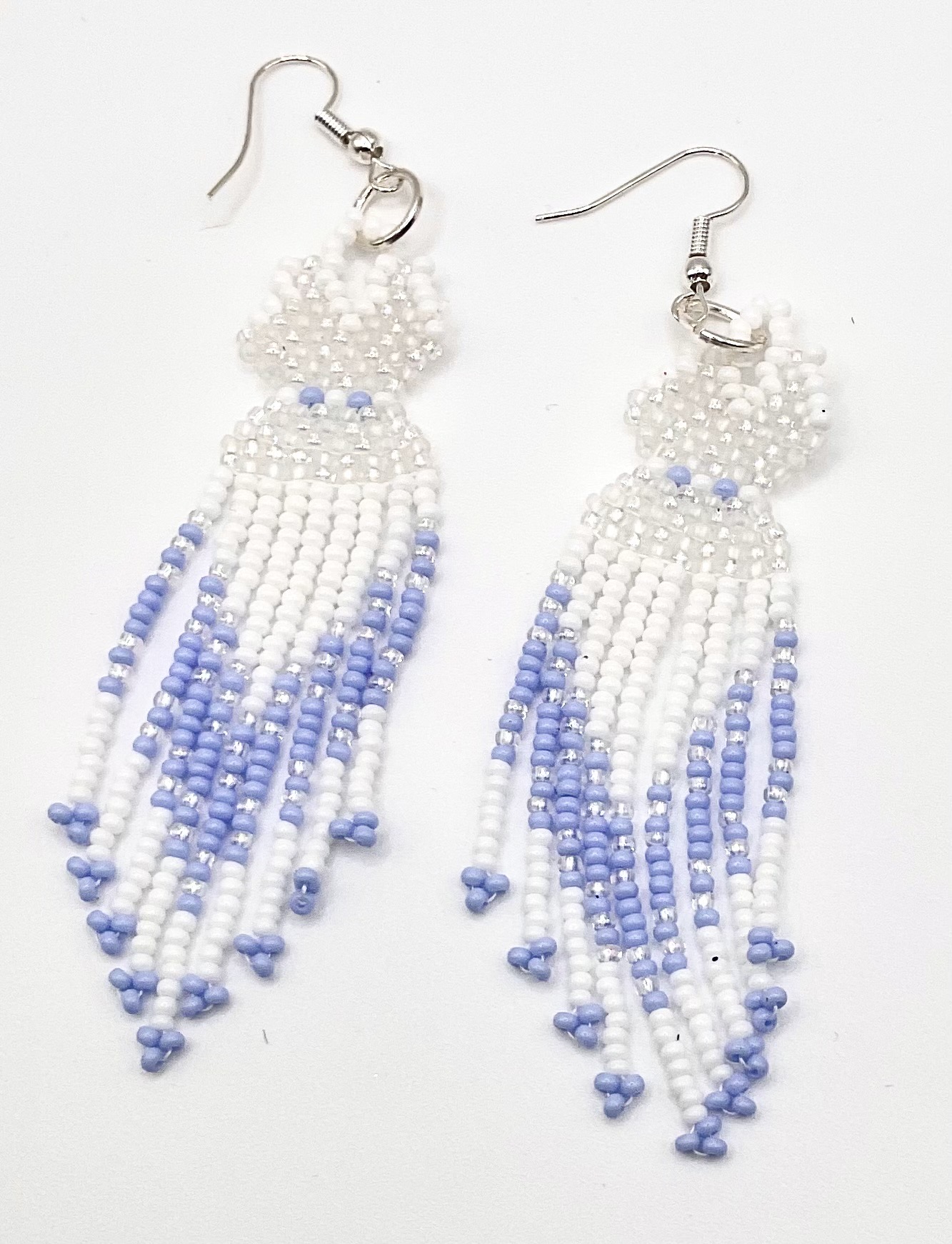 handcrafted white & blue beaded fringe earrings — hypoallergenic hooks handcrafted white & blue beaded fringe earrings — hypoallergenic hooks