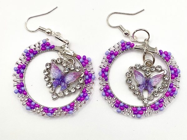 Home handcrafted purple butterfly hoop earrings — hypoallergenic hooks