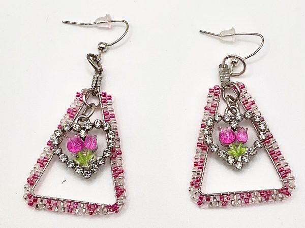 Home handcrafted pink floral trapezoid earrings — hypoallergenic hooks