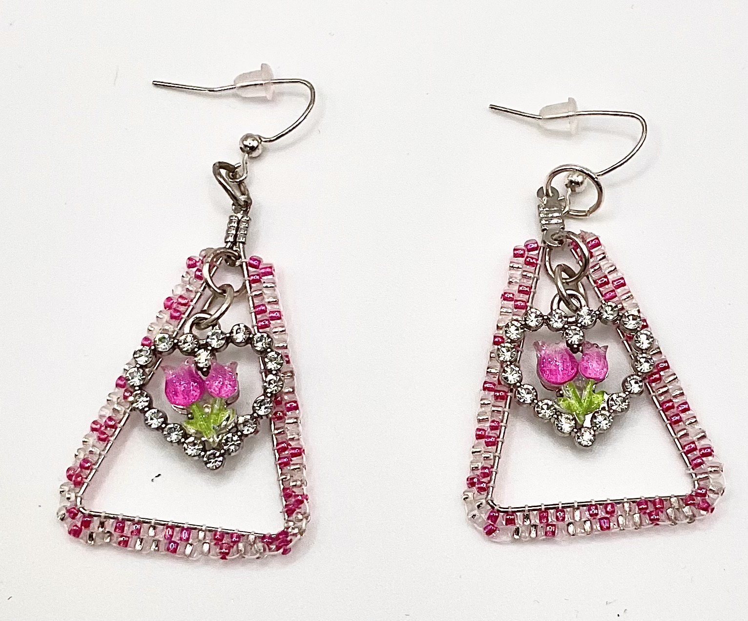 handcrafted pink floral trapezoid earrings — hypoallergenic hooks handcrafted pink floral trapezoid earrings — hypoallergenic hooks