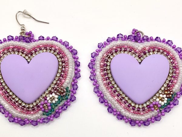 Home handcrafted lavender heart beaded earrings — hypoallergenic hooks